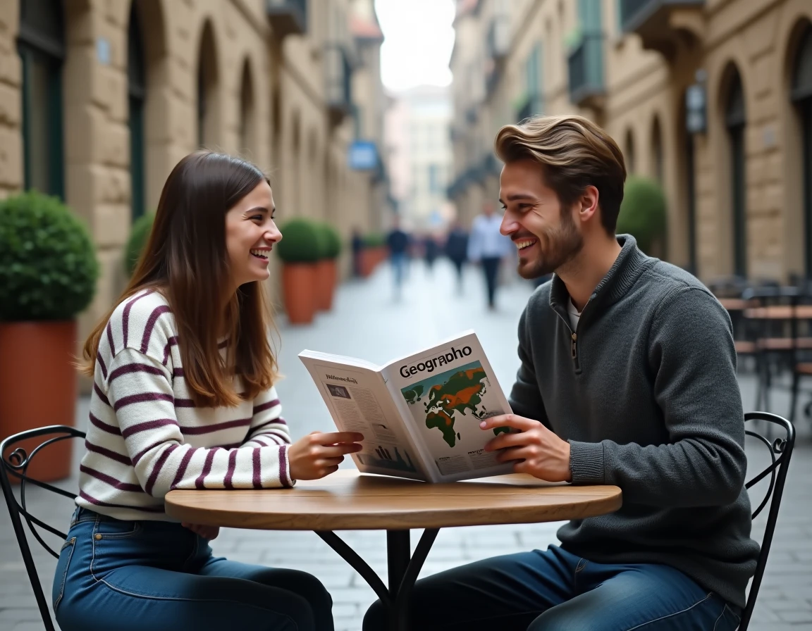 Deux étudiants discutant d'un magazine de géographie sur les capitales du monde en terrasse de café dans une vieille ville européenne