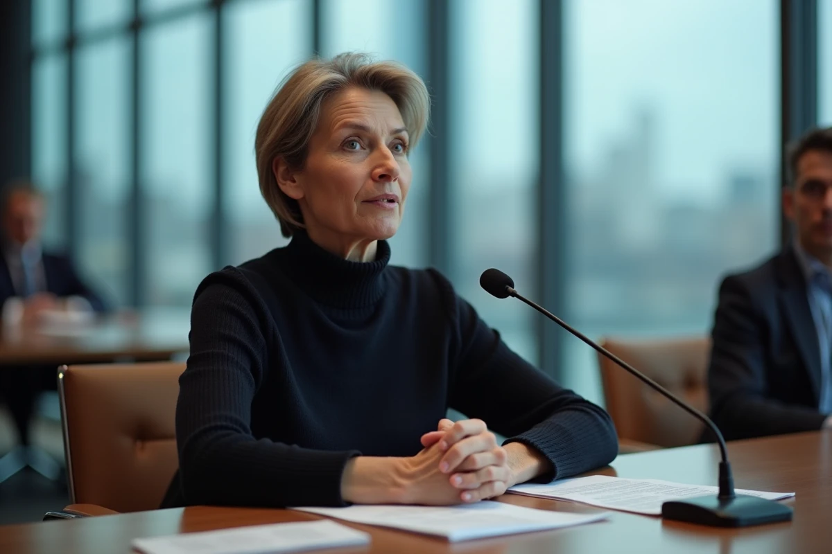 Experte française en relations internationales prenant la parole lors d'une table ronde diplomatique en salle de conférence