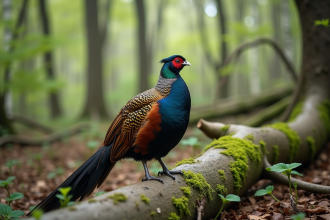 Faisan noir mature perché sur un bois en forêt au printemps