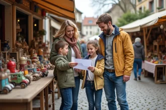 Famille dans un marché brocante en village français