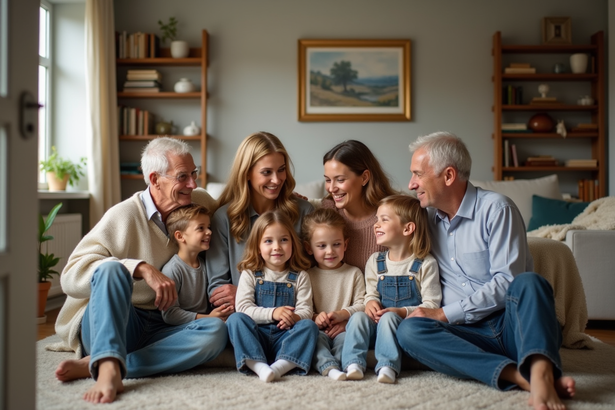 Trois générations de famille réunies dans un salon lumineux et accueillant