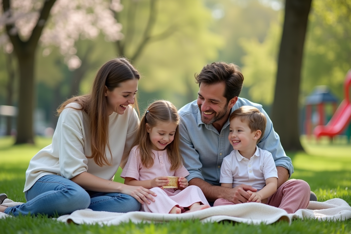 Famille de quatre partage un pique-nique dans un parc printanier