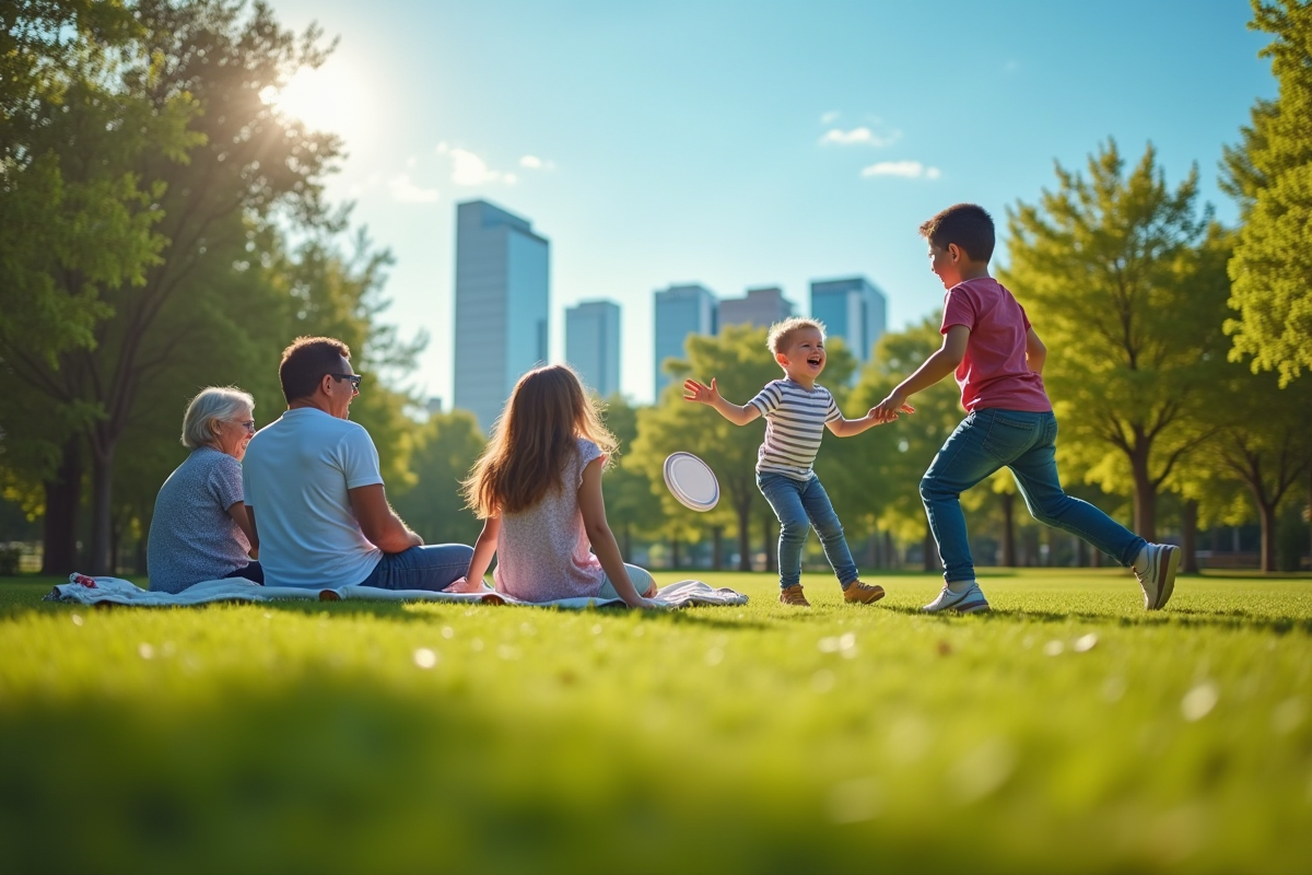 Famille profitant d un pique nique en plein air dans un parc urbain