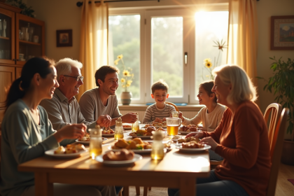 Famille multigenerational partageant un repas convivial dans un salon lumineux