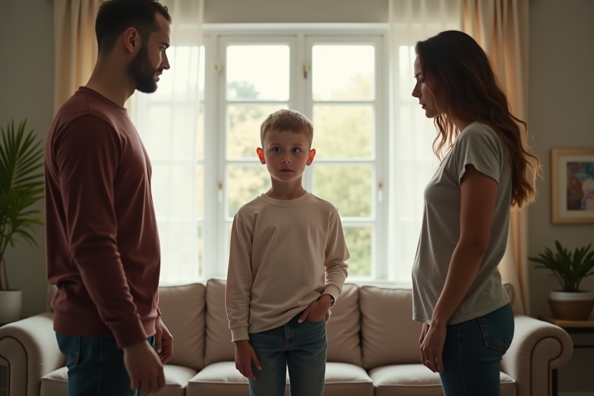 Enfant entre deux parents dans un salon lumineux