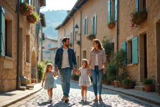 Famille souriante se promenant dans un village de Sarralbe
