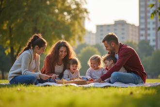 Trois familles diverses partageant un pique-nique dans un parc ensoleille