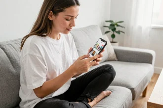 Jeune femme naviguant sur l'application mobile Hacoo SaraMart pour faire ses achats en ligne depuis son canapé