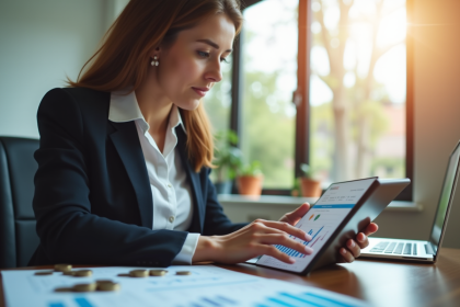 Femme d'affaires confiante analysant des graphiques financiers sur une tablette