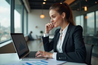 Femme d'affaires souriante travaillant sur un graphique