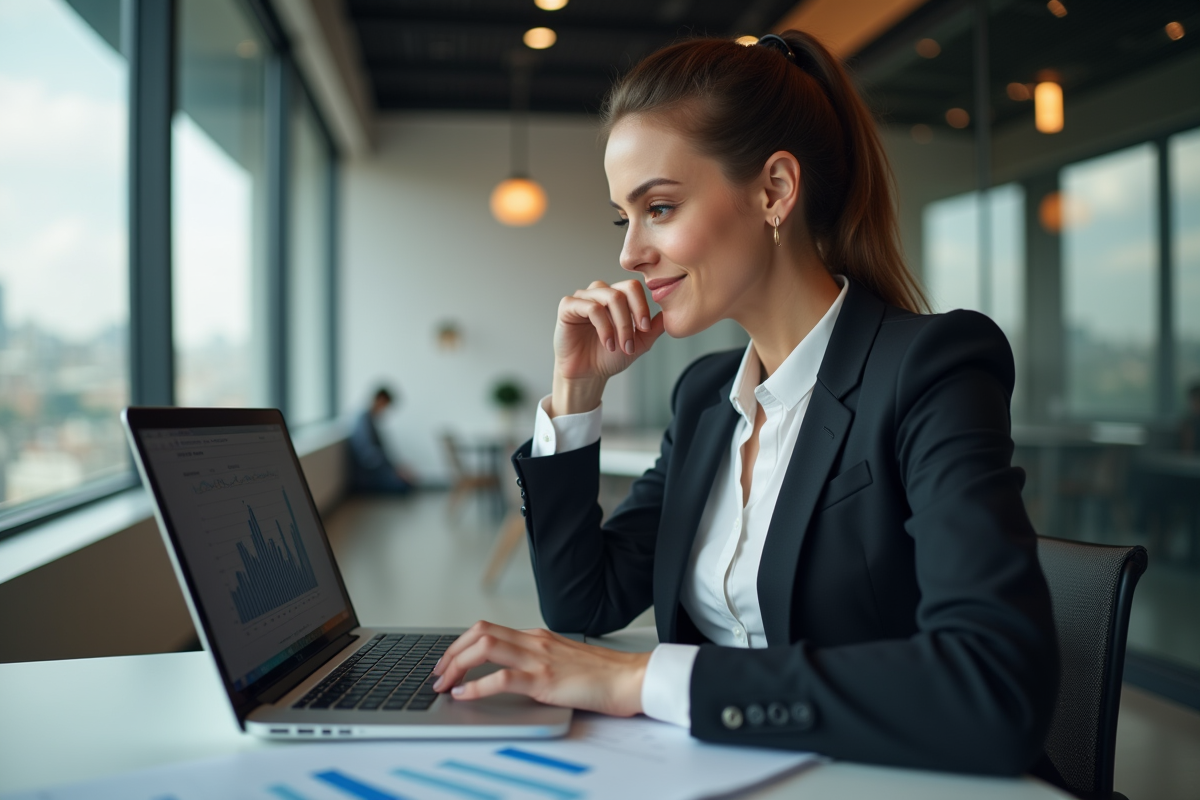 Femme d'affaires souriante travaillant sur un graphique