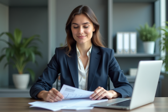 Femme d'affaires en revue de documents financiers dans un bureau moderne