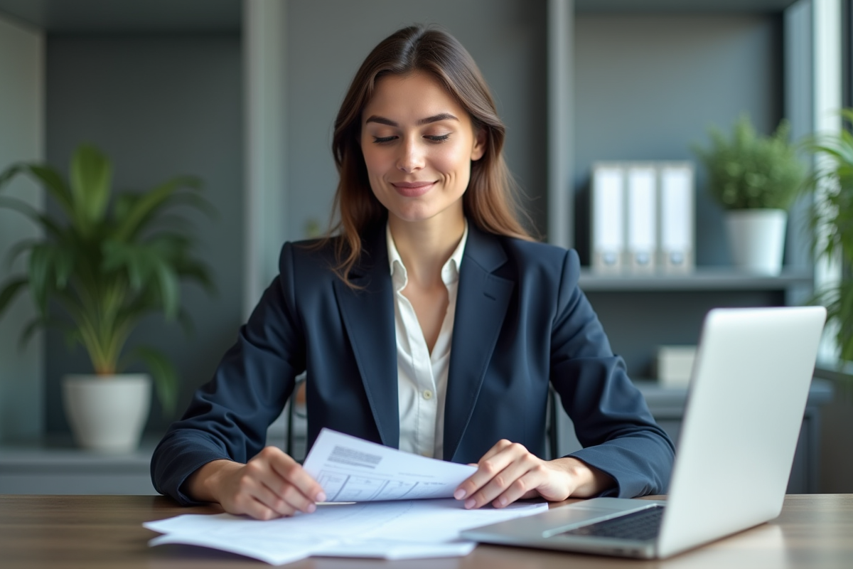 Femme d'affaires en revue de documents financiers dans un bureau moderne