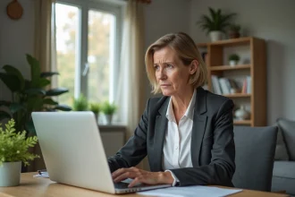 Femme d'âge moyen au bureau à domicile examine son ordinateur