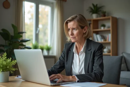 Femme d'âge moyen au bureau à domicile examine son ordinateur