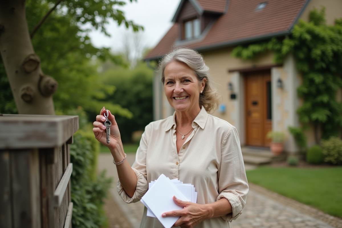 Femme retraitée souriante avec clés devant maison de campagne