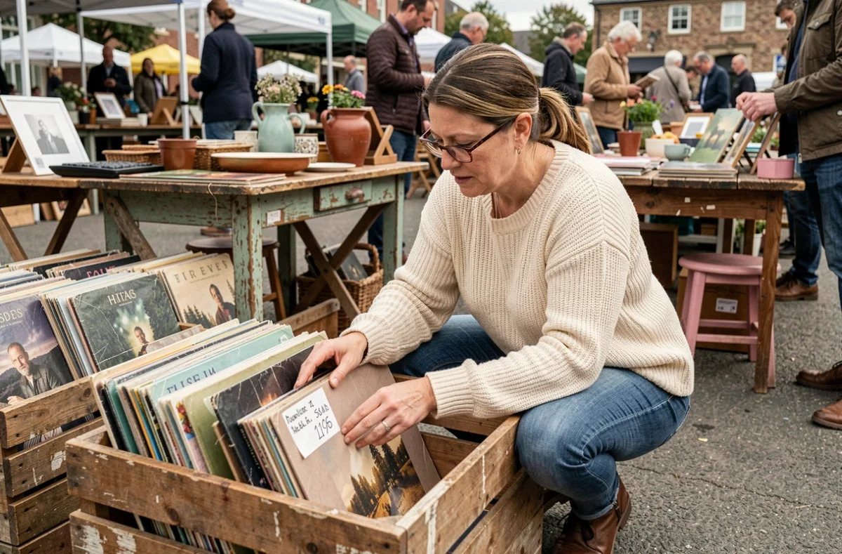 Femme feuilletant des vinyles dans une brocante en plein air à la recherche de raretés