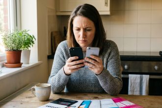 Femme comparant deux forfaits mobiles sur smartphone à une table de cuisine