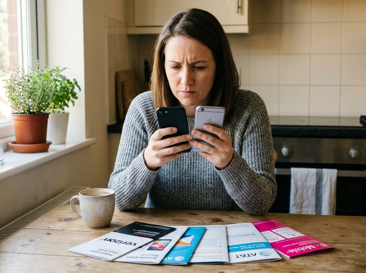 Femme comparant deux forfaits mobiles sur smartphone à une table de cuisine