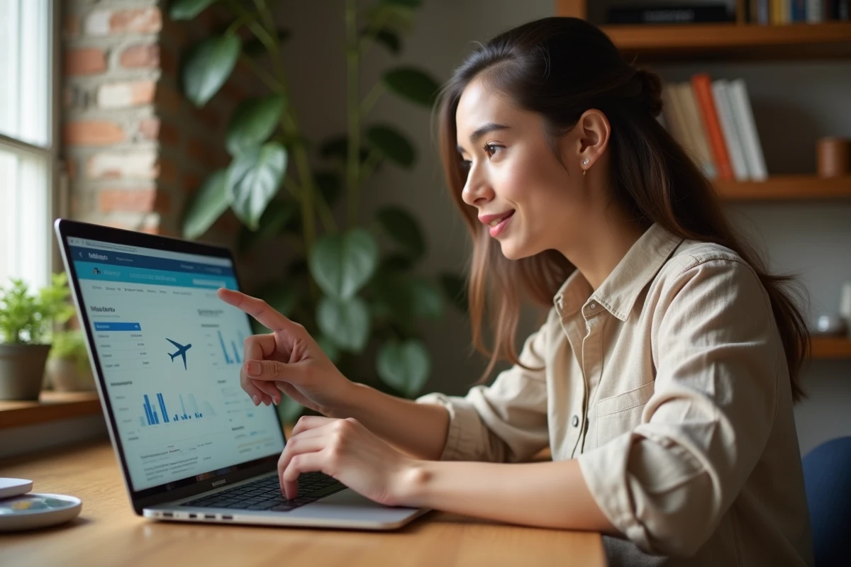 Femme comparant des vols pas chers sur un site de comparateur en ligne depuis son bureau à domicile