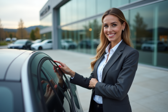 Femme confiante examine un tableau de bord digital d'une voiture hybride