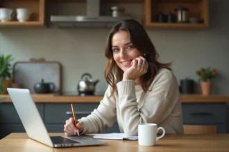 Femme souriante écrivant dans un carnet dans sa cuisine moderne