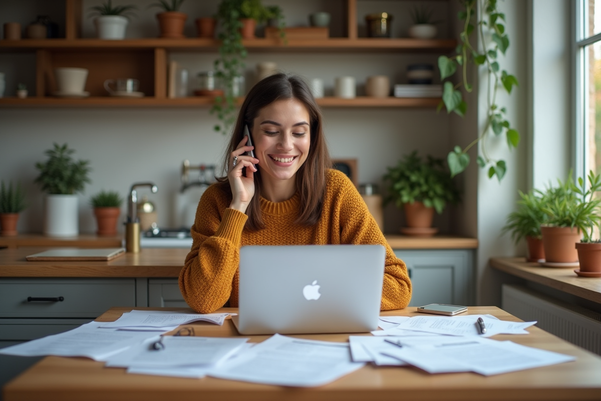 Femme souriante au téléphone dans sa cuisine moderne