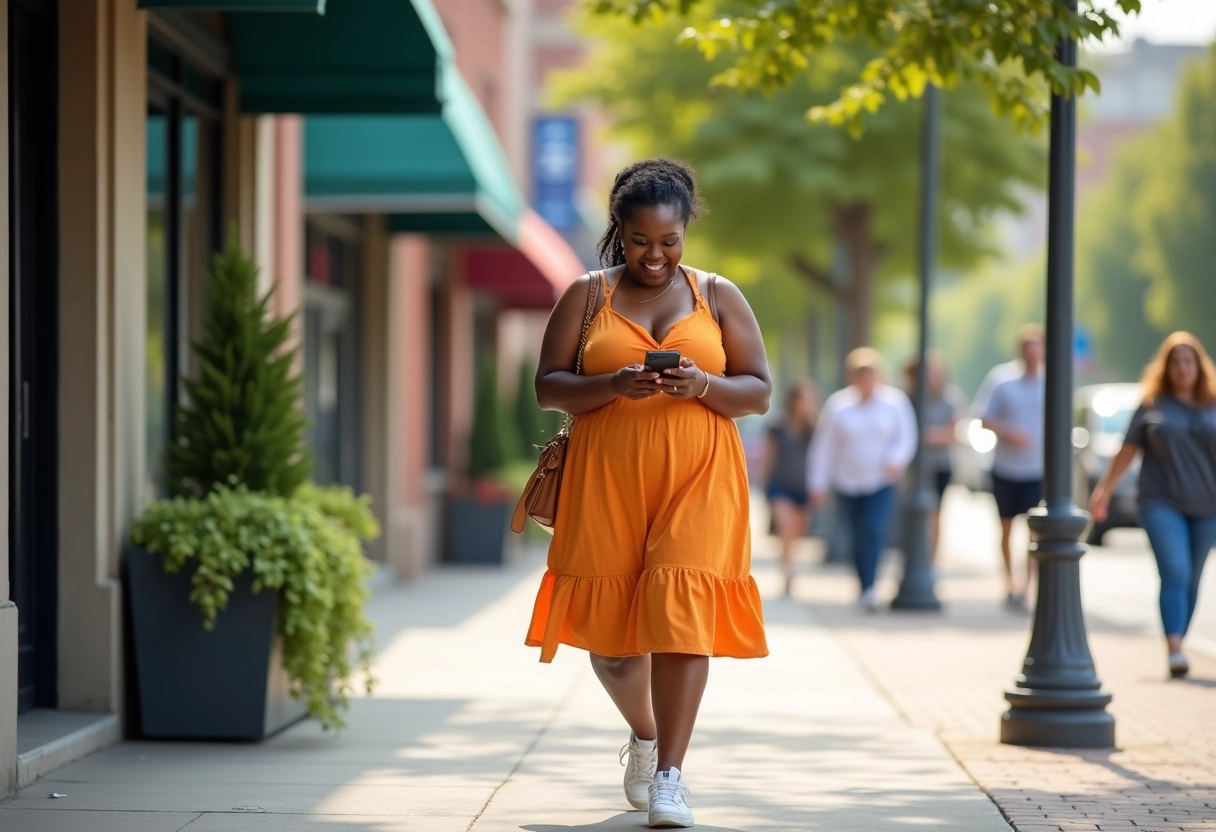 Femme souriante marchant dans la rue en ville