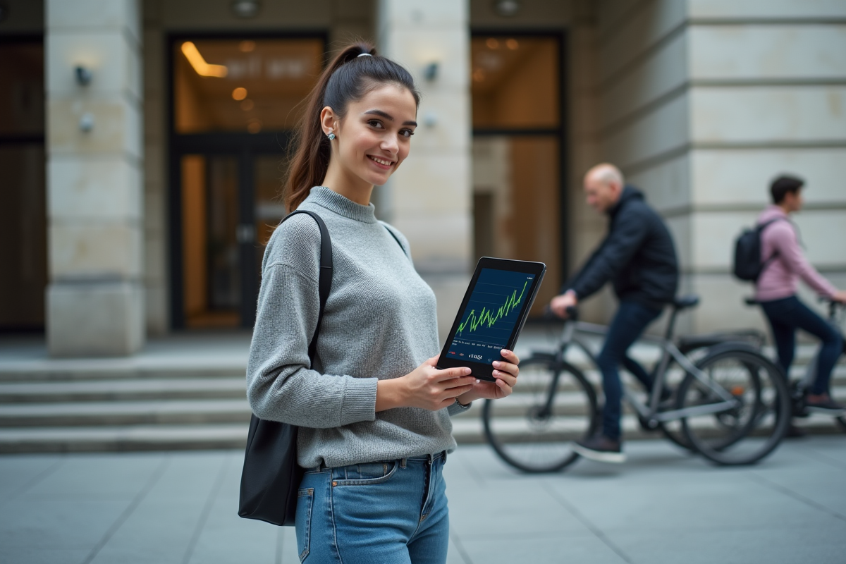 Jeune femme avec tablette devant une banque en ville