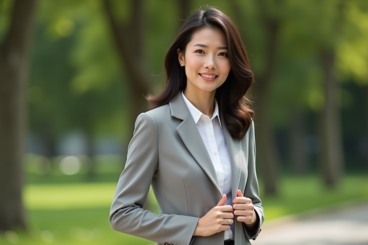 Femme asiatique élégante en extérieur en tenue casual