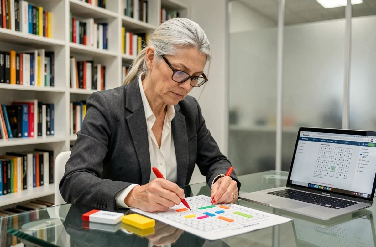 Femme experte en sudoku analysant une grille complexe dans une bibliothèque moderne avec surligneurs colorés