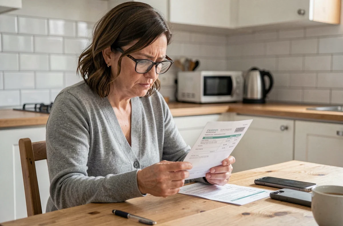 Femme examinant sa facture d'électricité à la cuisine pour comprendre les unités ampère et watt