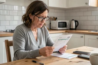 Femme examinant sa facture d'électricité à la cuisine pour comprendre les unités ampère et watt