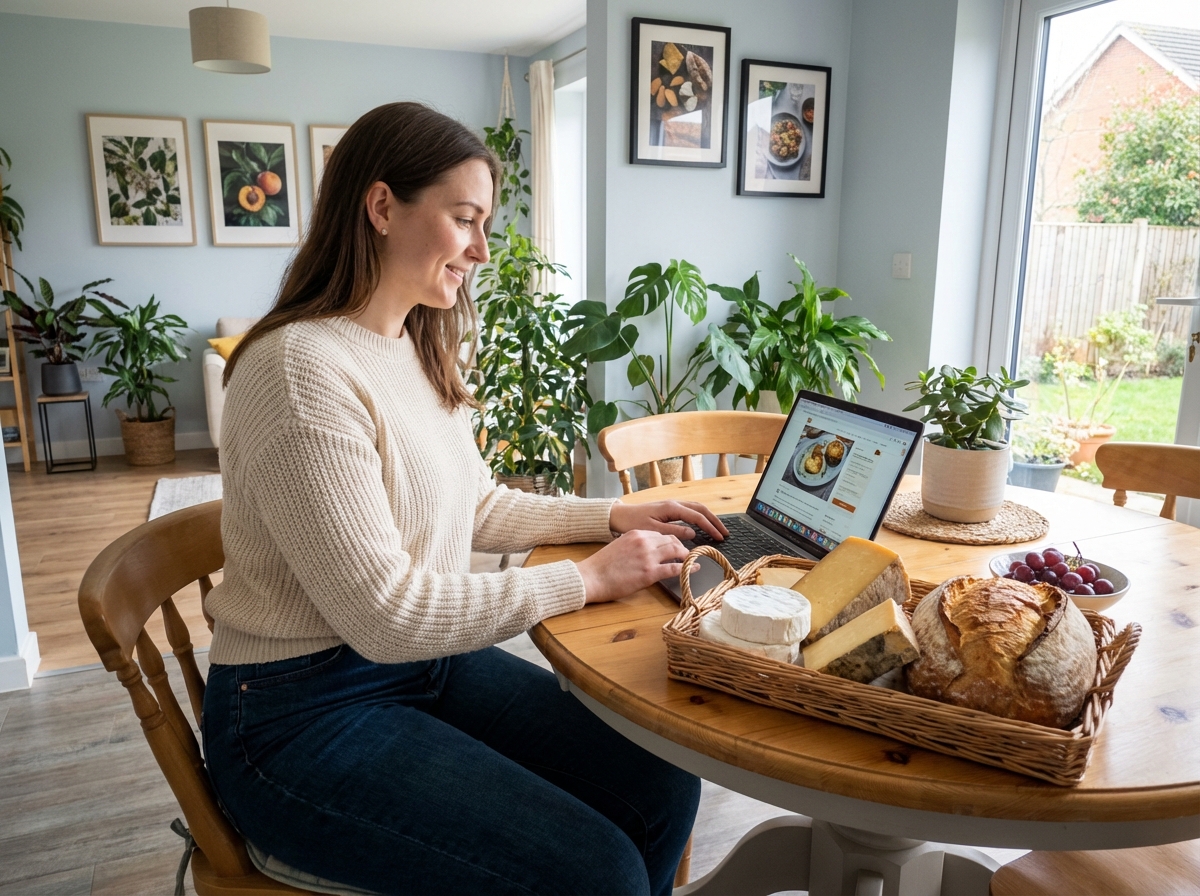 Jeune femme dégustant des fromages dans une cuisine moderne