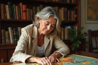 Femme passionnée de géographie étudiant une carte du monde vintage dans un bureau rempli d'atlas et de livres