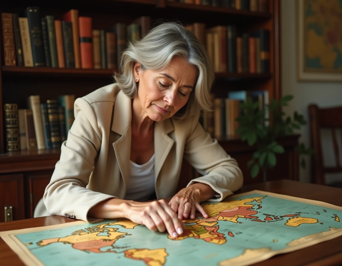 Femme passionnée de géographie étudiant une carte du monde vintage dans un bureau rempli d'atlas et de livres