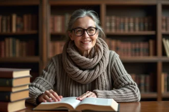 Femme d'âge moyen lisant un livre d'histoire dans une bibliothèque chaleureuse