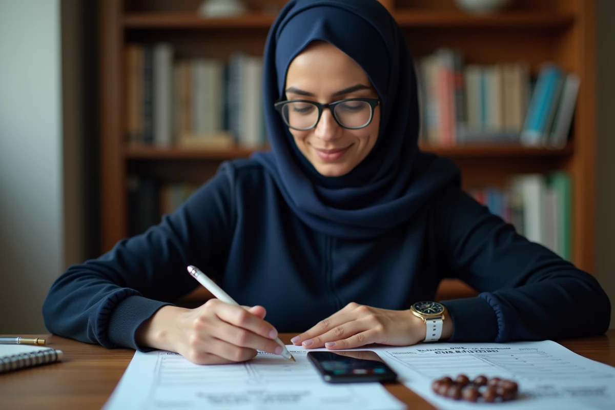 Femme consultant les horaires de prière et la direction de la qibla sur smartphone et document imprimé à Mons-en-Barœul