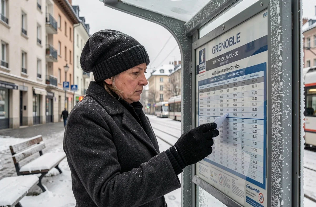 Femme consultant les horaires du tramway Grenoble affichés à un arrêt sous la neige
