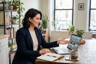 Jeune femme en blazer consulte des annonces immobilières
