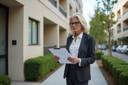 Femme d affaires examinant des documents immobiliers devant un immeuble