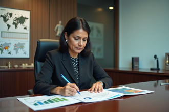 Femme indienne en affaires analysant des graphiques économiques