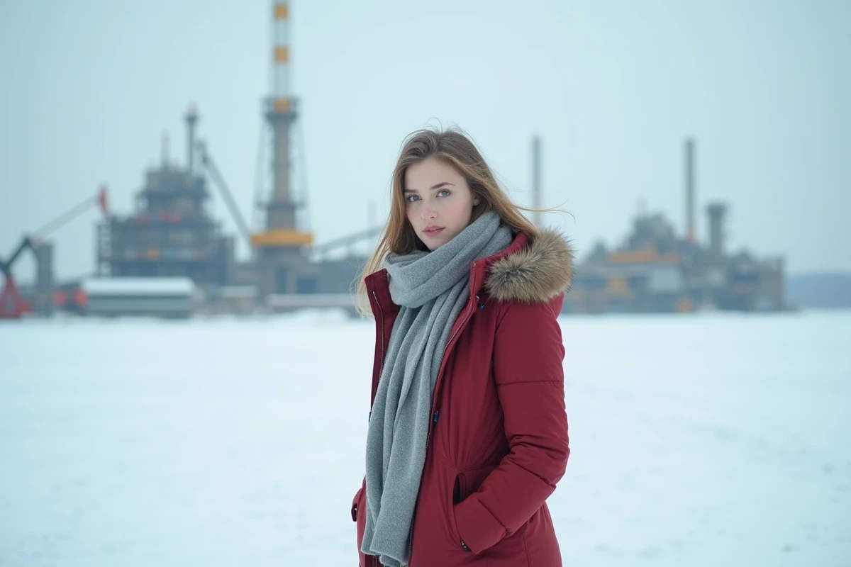 Jeune femme en parka dans un paysage enneige avec industrie