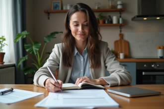 Femme d'affaires concentrée à la maison en train de noter ses investissements