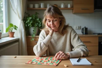 Femme réfléchissant à un jeu de Scrabble dans une cuisine lumineuse