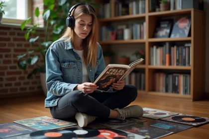 Jeune femme avec casque et vinyles dans un appartement cosy