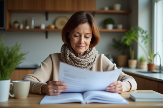 Femme d'âge moyen lisant des documents à la maison
