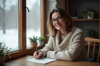 Femme lisant une carte de voeux en hiver cosy