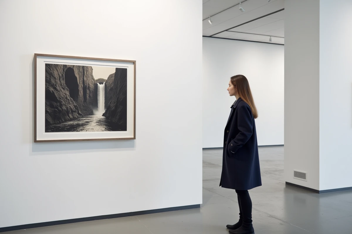 Jeune femme observant une estampe encadrée d'un trompe-l'œil inspiré d'Escher dans une galerie d'art contemporaine