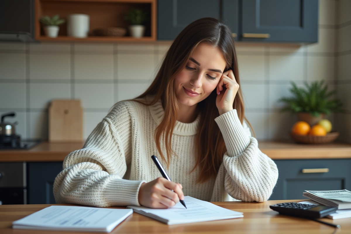 Jeune femme organisant ses finances à la maison